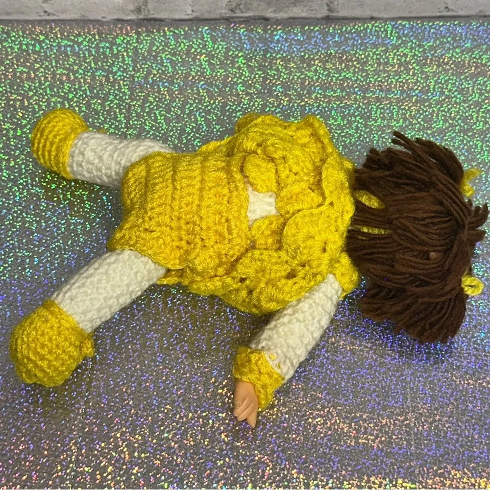 Vintage Hand Crochet Doll with Knitted Yellow Dress 11in Tall Yellow White